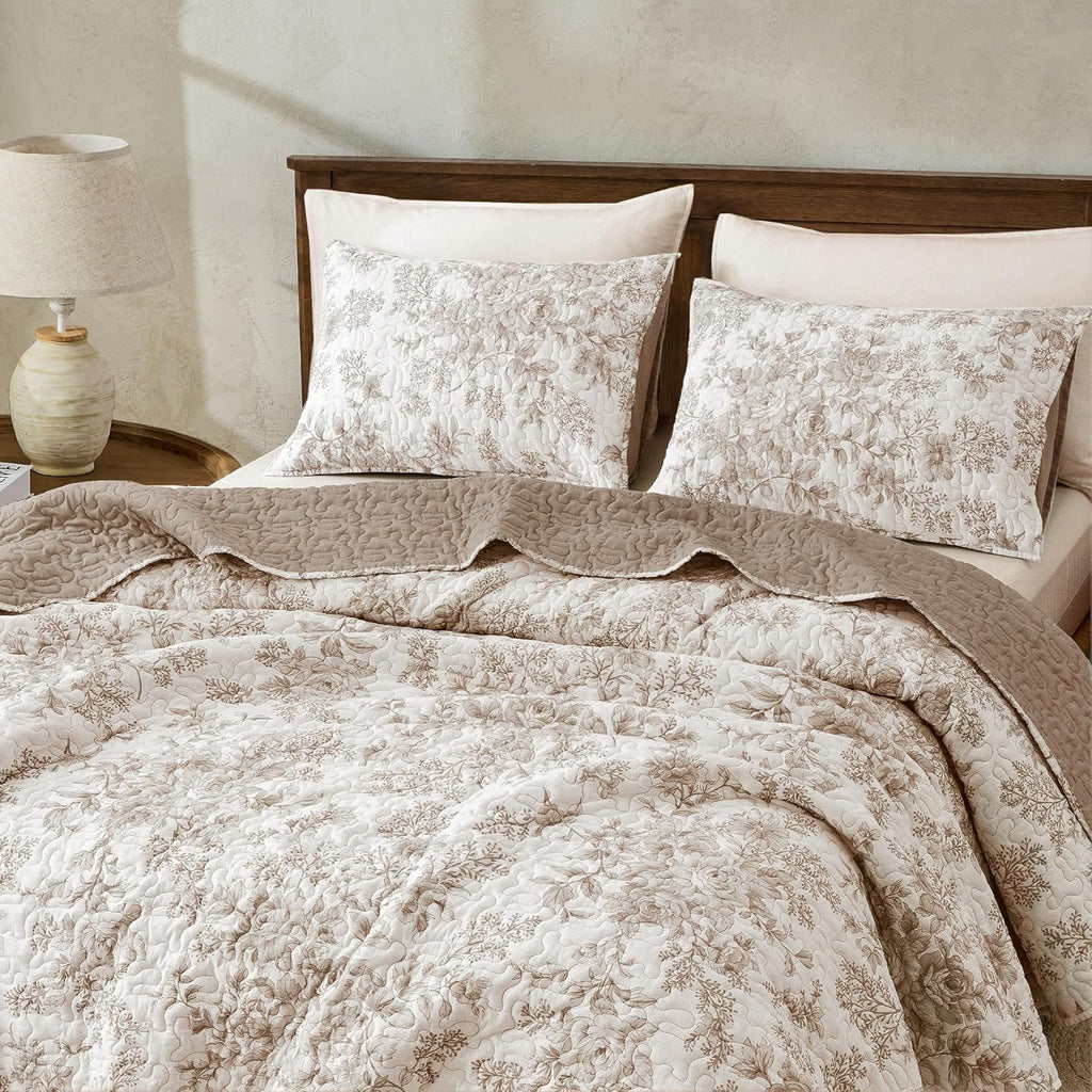 Taupe Floral Quilt Queen, Summer Cooling 3 Piece Cotton Vintage Farmhouse Bedding Set, Machine Washable Lightweight