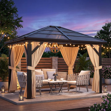 10x12ft Gazebo, Hardtop Outdoor Canopy Aluminum Frame Permanent Gazebo with Netting and Curtains
