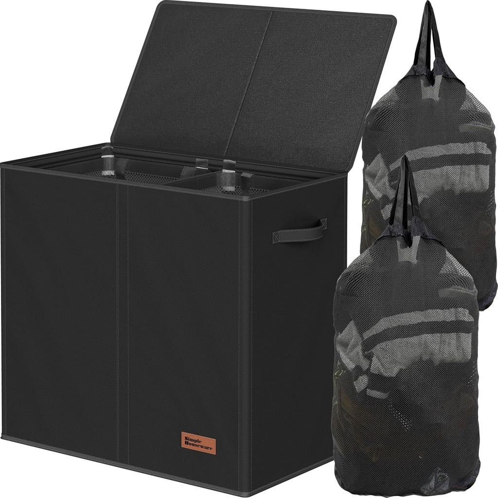 Double Laundry Hamper with Lid & Removable Bags, Black | Heavy Duty 600D Polyester, Water-Resistant Surface