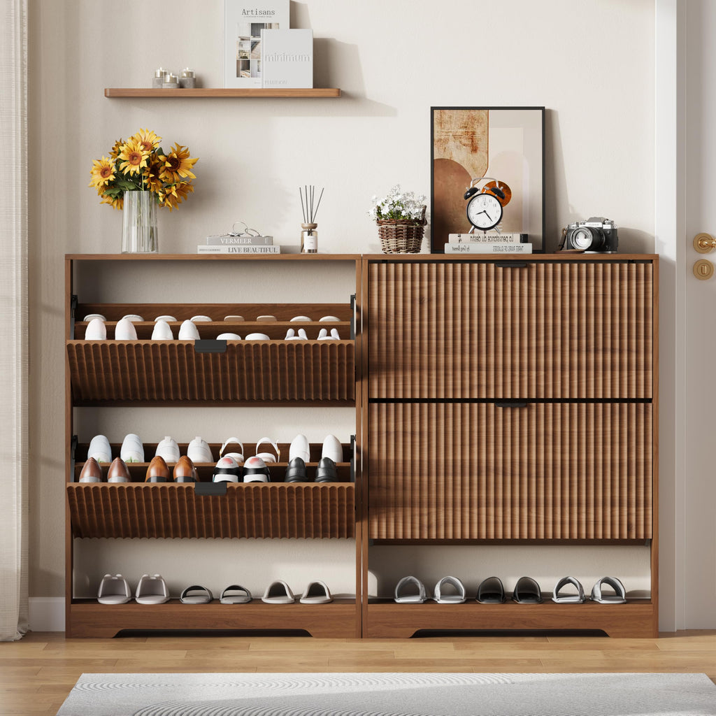 Shoe Cabinet Storage with 2 Flip Drawers, Walnut Fluted Shoe Cabinet with Open Storage, Wooden Hidden Shoe Rack