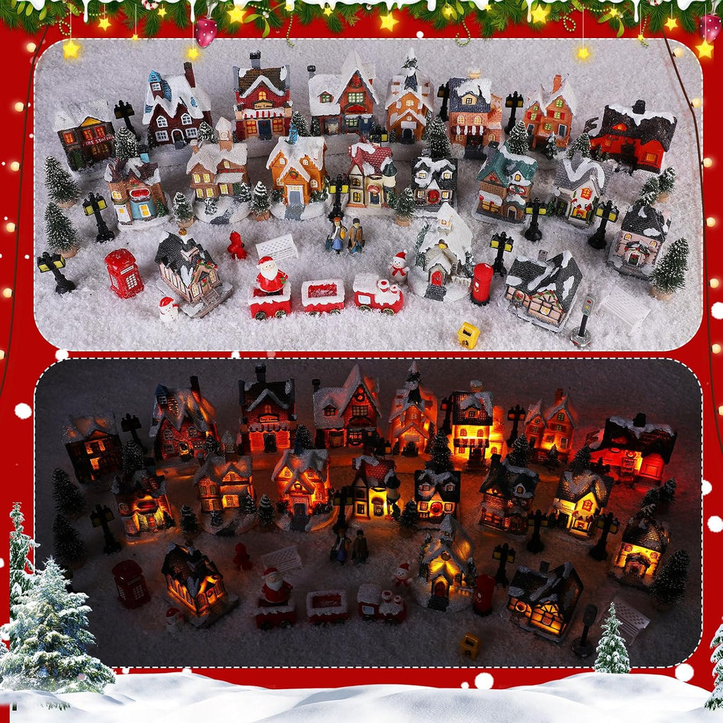 64 Pcs LED Christmas Village Houses Holiday Town Scene Set,Classic