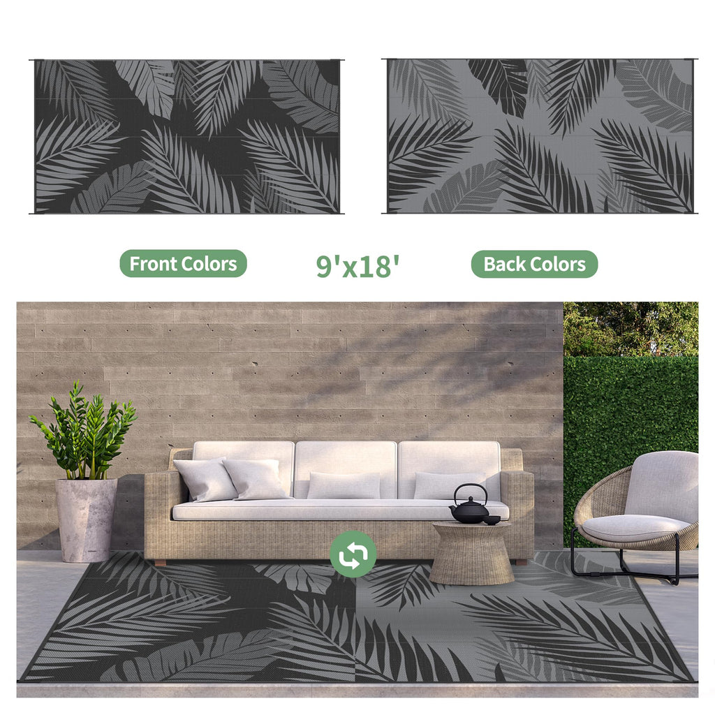 Outdoor Rug, Waterproof Plastic Rugs 9'x18' for Camping Black Grey