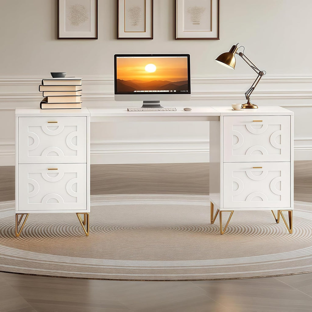 White and Gold Computer Desk, 59'' Modern Writing Table with File Drawers