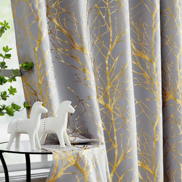100% Blackout Curtains, Curtains 84 Inches Long Gold on Grey Tree Curtains, Gold Foil Room Darkening Thermal