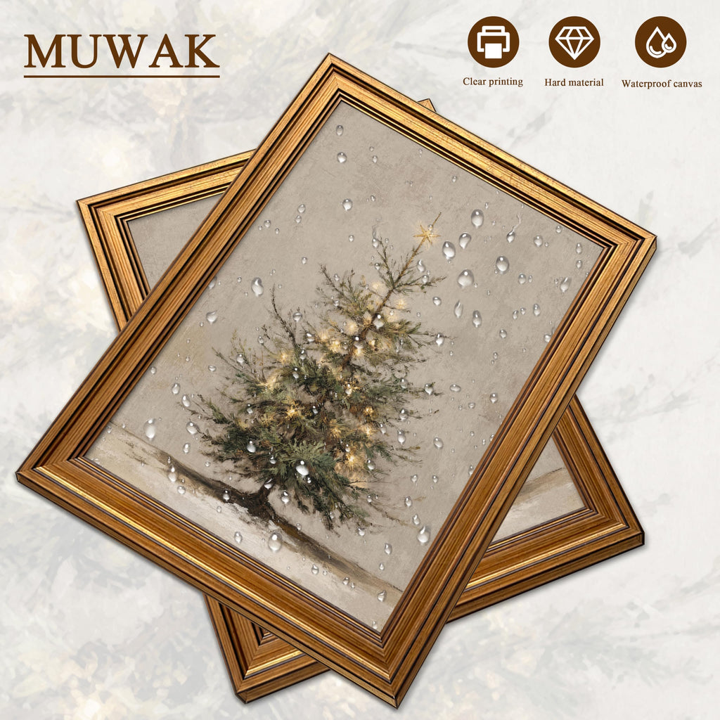Gold Framed Christmas Wall Art, Christmas Tree Wall Decor, Lighted Evergreen Pine Canvas Print, Vintage Neutral