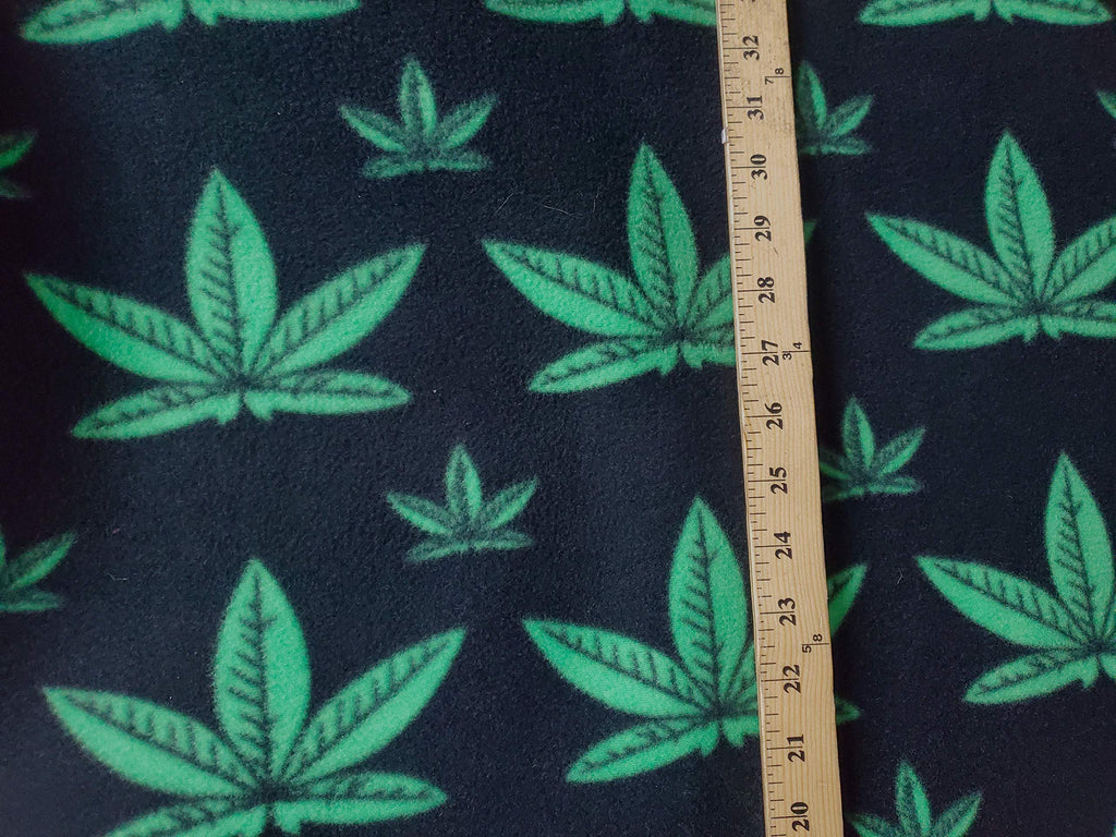Marijuana Leaves Fleece Black/Green Leaves Sold by Yard