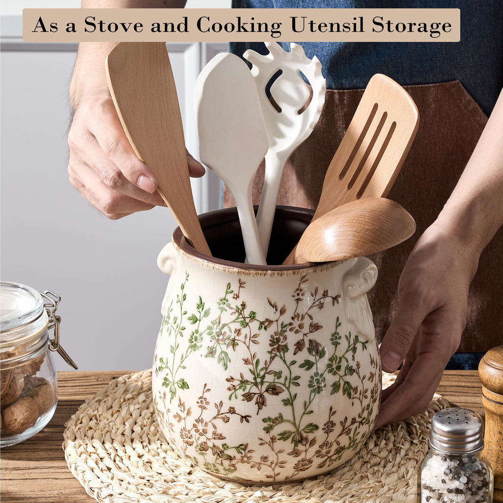 Utensil Holder Counter, Modern Farmhouse Rustic Cooking Utensil Holder and Crock, Exquisite Chinoiserie Floral