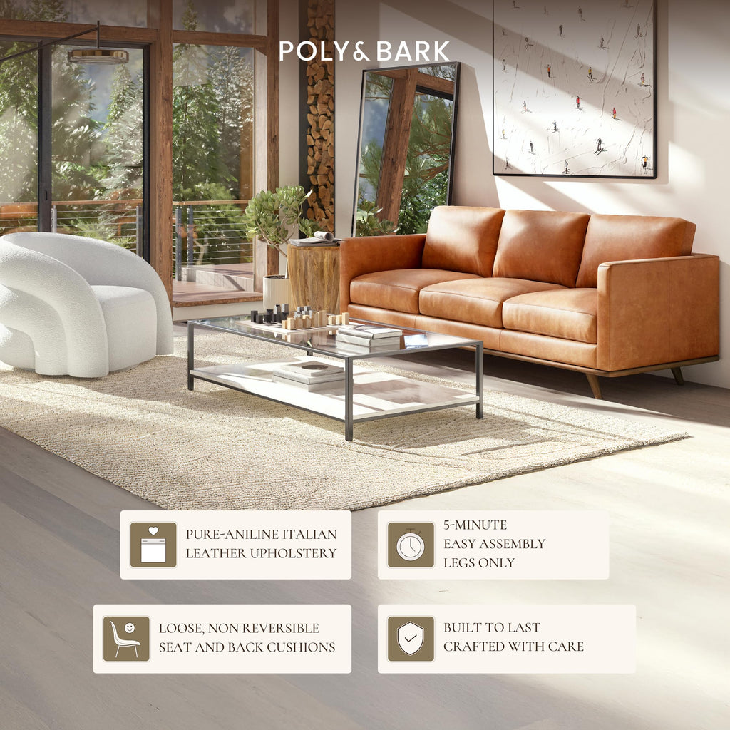 & BARK Nolita 85" Leather Sofa - Full-Grain Italian Aniline Leather, Feather-Down Comfort, Solid Wood Base - Cognac