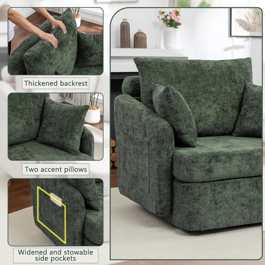 Modern Swivel Lounge Chair and Ottoman — Green Chenille