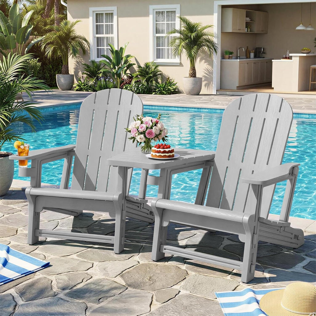 JY QAQA Outdoor Adirondack Chair Set of 2, All-Weather HDPE Patio Furniture with Detachable Table, Wood Texture & Cup