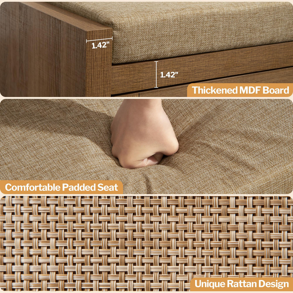 Rattan Shoe Bench Entryway Bench with Storage Drawer, Linen Cushion