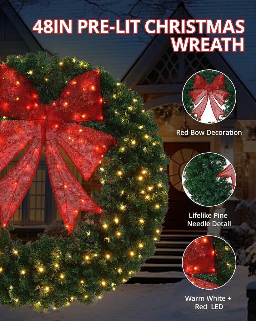 48In Pre-lit Artificial Christmas Wreath Holiday Decoration with 3D Red Bow