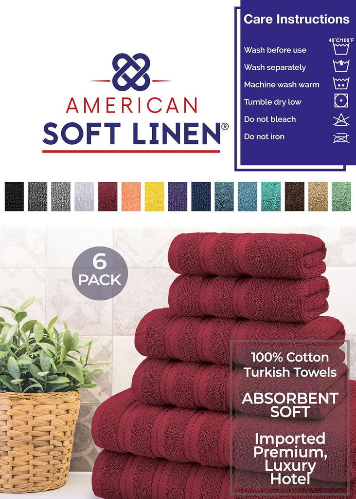 Soft Linen 100% Carde Cotton 6 Piece Towel Set, 590 GSM Heavy Weight Soft Absorbent Turkish Towels , Burgundy Red