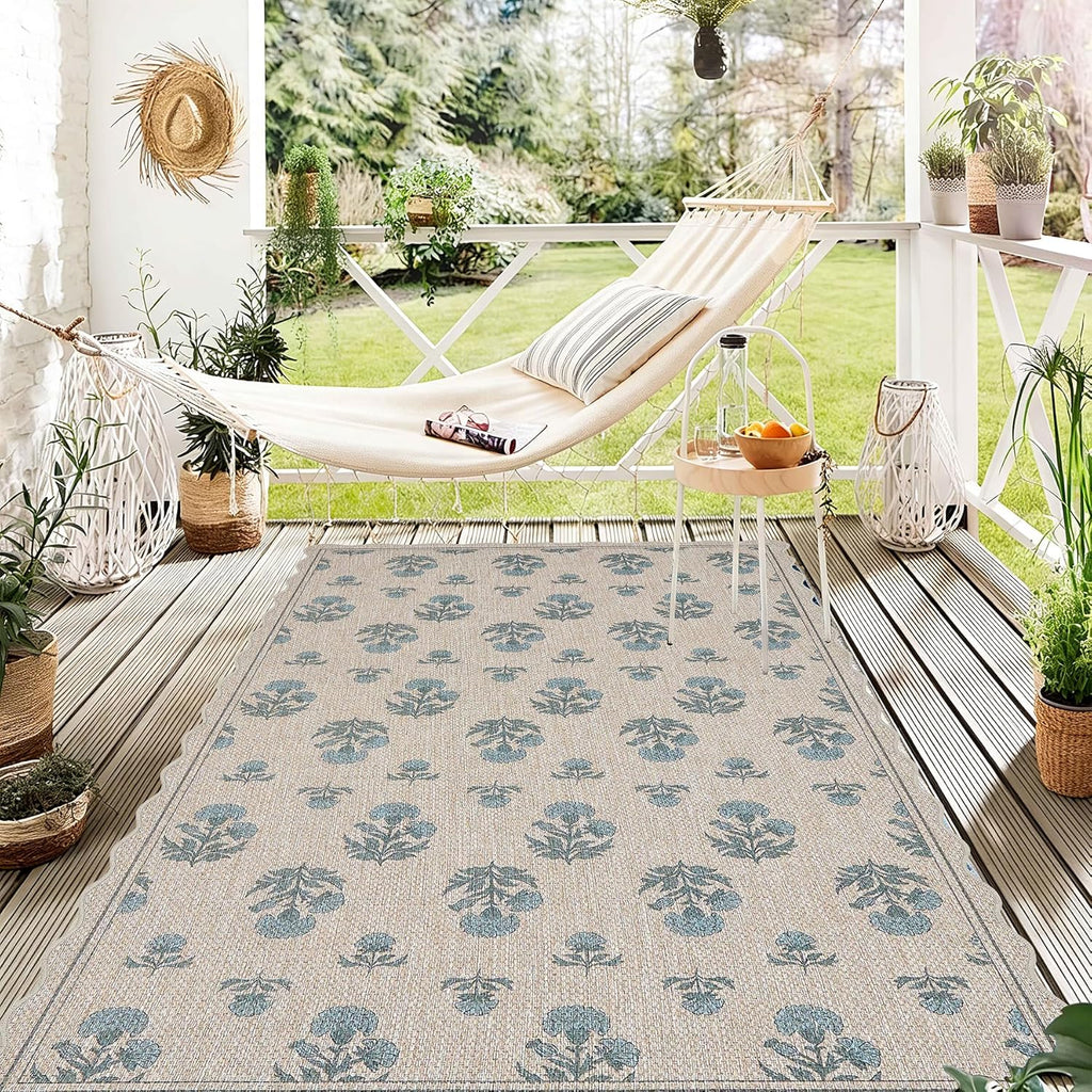 Scalloped Easy Jute 3x5 Area Rug Vintage Blue Floral Farmhouse Washable Rug Non-Slip Indoor Outdoor 