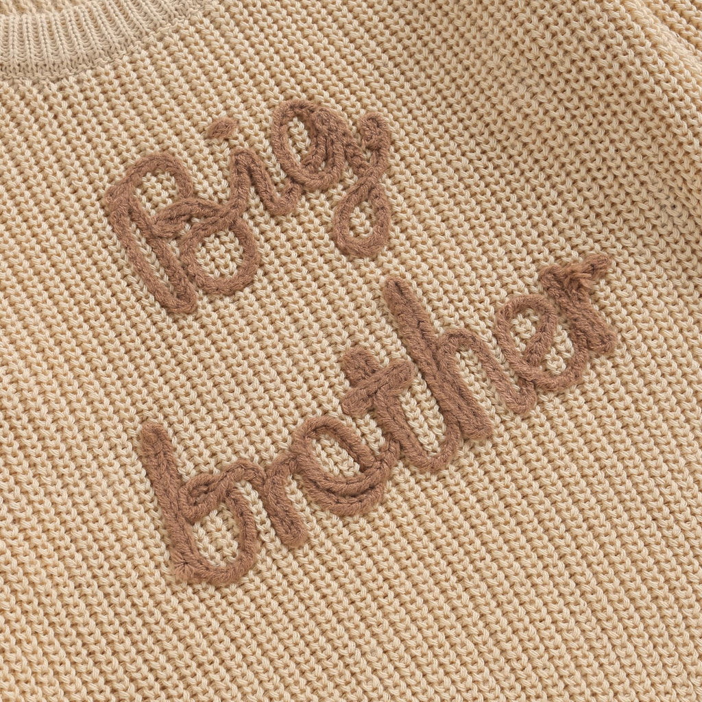 Big Brother Little Brother Matching Outfits Letter Embroidery Knit Sweater Shirt Baby Boy Winter Warm Clothes (Khaki