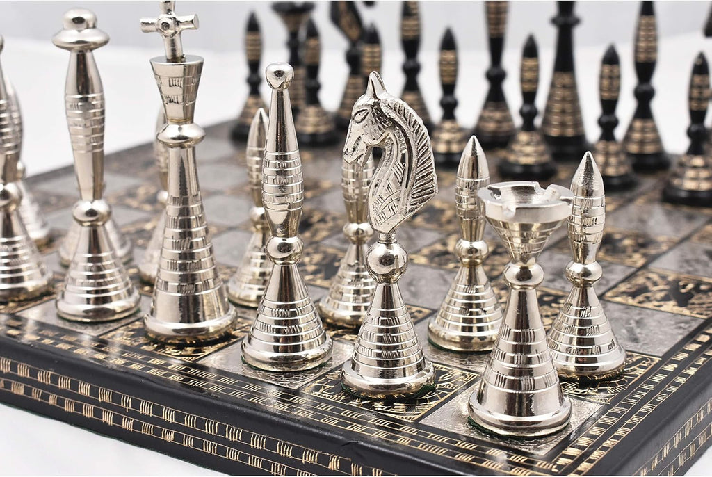 Solid Brass Metal Tribal Artwork Warli Luxury Chess Pieces & Board Set- 12" - Silver & Black... - Set of 32