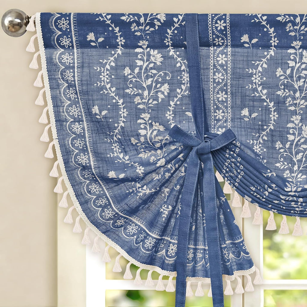 Boho Swag Valance Curtains Vintage Linen Valances for Windows Light Filtering Floral Kitchen Valance Rod Pocket