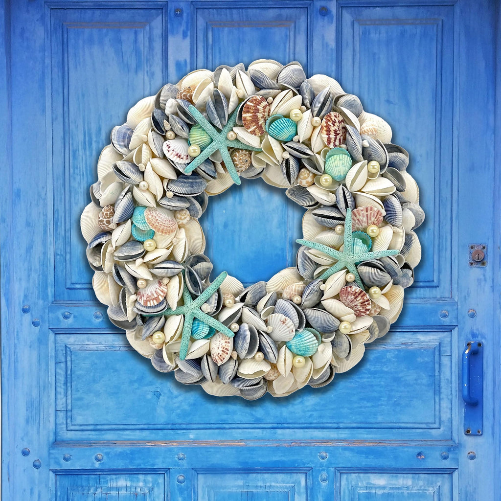18" Nautical Seashell Wreath, Blue | Coastal Beach Floral Home Decor Indoor Outdoor Real Starfish Pearl Seashells