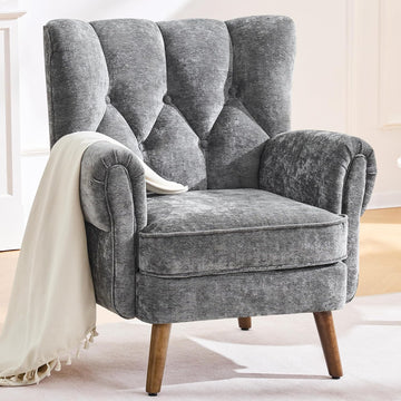 Wingback Accent Chairs , Mid-Century Modern Living Room Chairs, Wingback Reading Chair, Chenille Tufted Upholstered