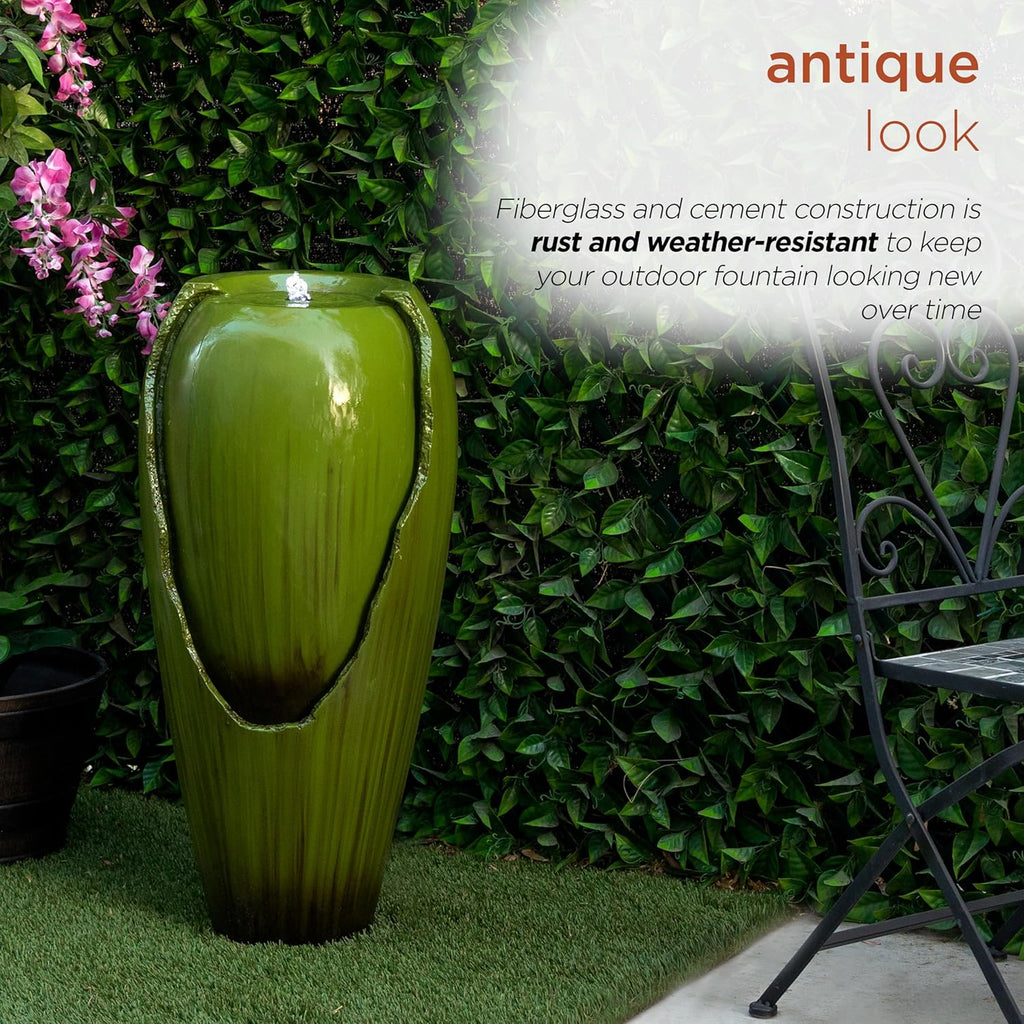 33" Tall Outdoor Vintage Cascading Antique Jar Water Fountain with LED Lights for Gardens, Patios, Yards, Green