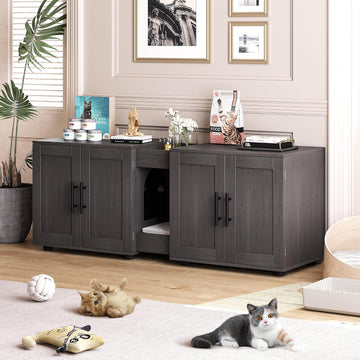 Cat Litter Box Enclosure for 2 Cats, 55" Hiddden Litter Box Enclosure Furniture 3-in-1 Wooden Litter Cabinet