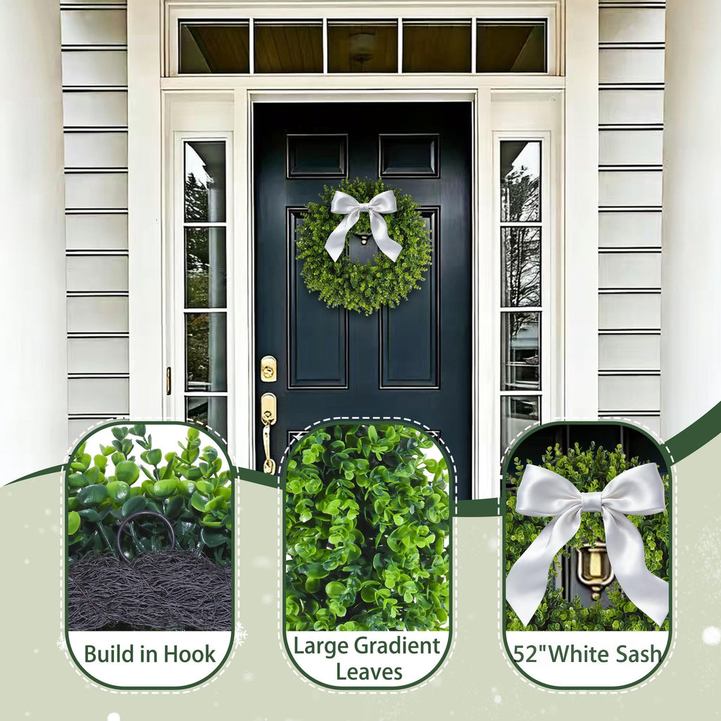 24 Inch Boxwood Wreath for Front Door, Large Green Outdoor Wreaths