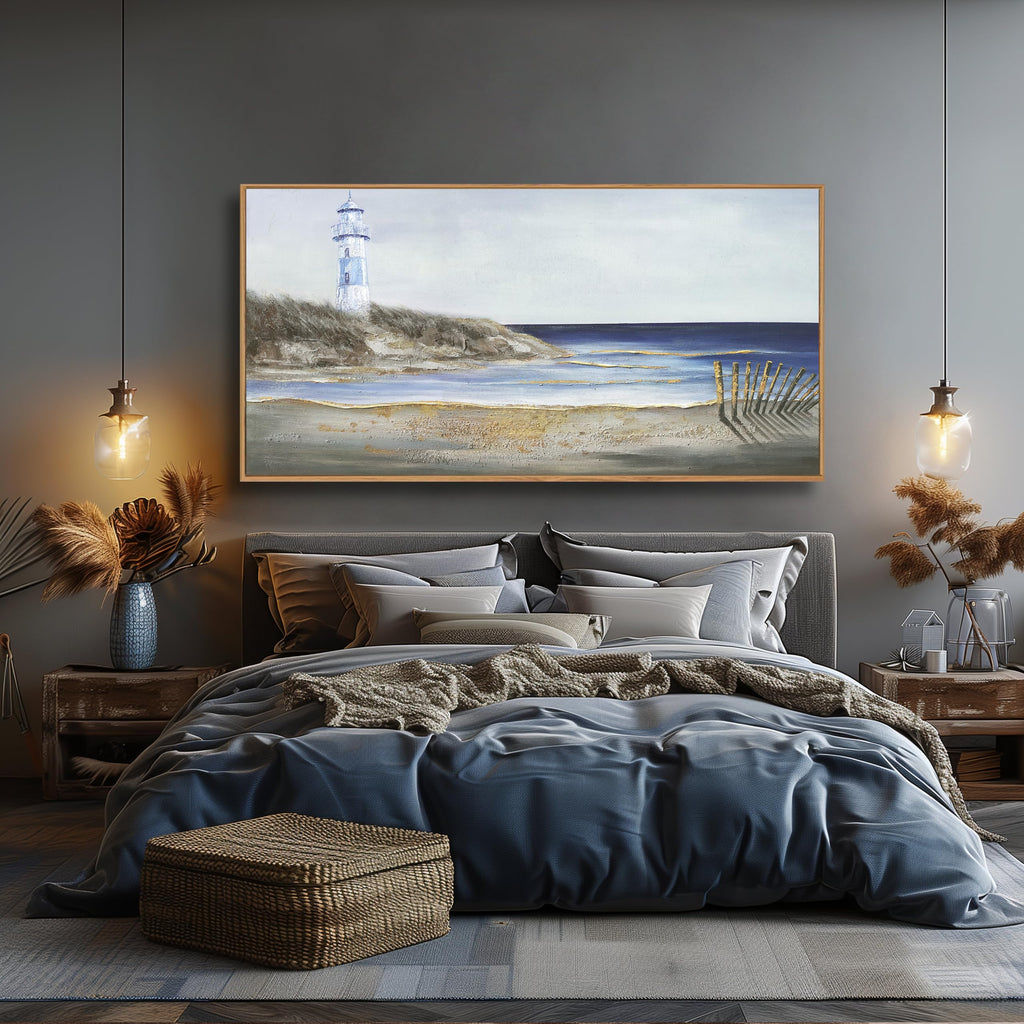 Coastal Wall Art Framed Wall Decor Blue and White Lighthouse Canvas Painting Modern Wall Hanging Artwork Bedroom