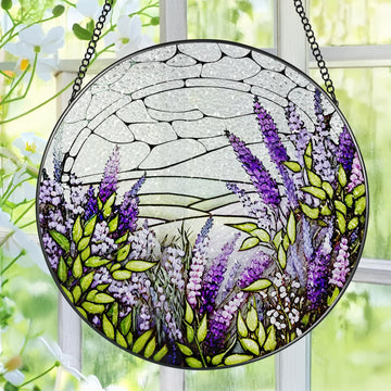 Lavender Flower Stained Glass Suncatcher, Stained Glass Window Hanging, 8 Inch Green Plants Suncatcher Decor for
