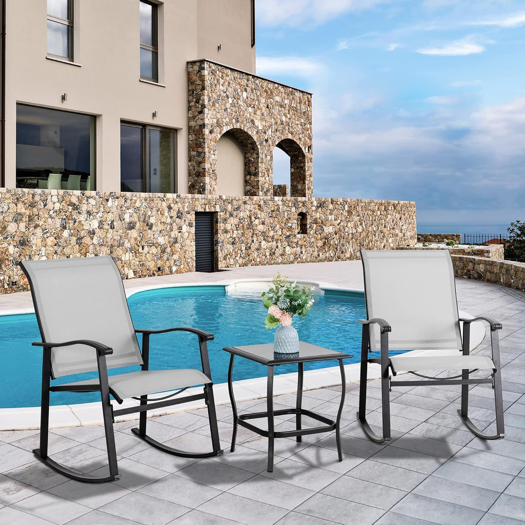 3 Piece Outdoor Rocking Bistro Set, Textilene Fabric Small Patio Furniture Set, Front Porch Rocker Chairs