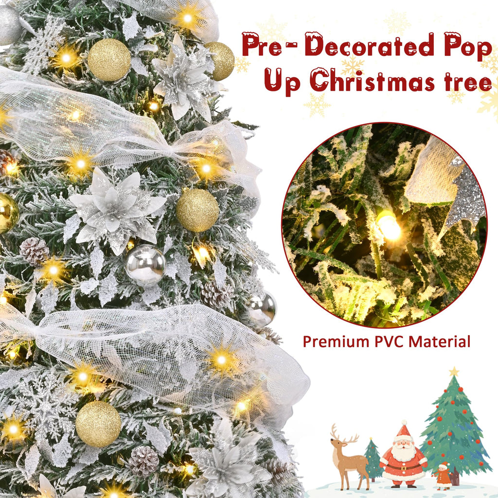 6Ft Pop Up with 200 Lights, Flocked Xmas Tree Prelit