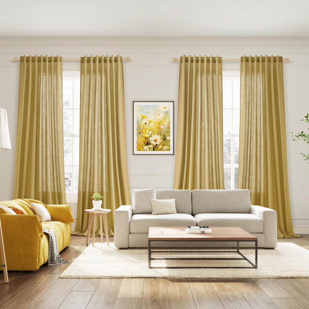 Gold Linen Curtains 84 Inch Length 2 Panels Set Rod Pocket Back Tab Light Filtering Window Drapes Dining Room Protect