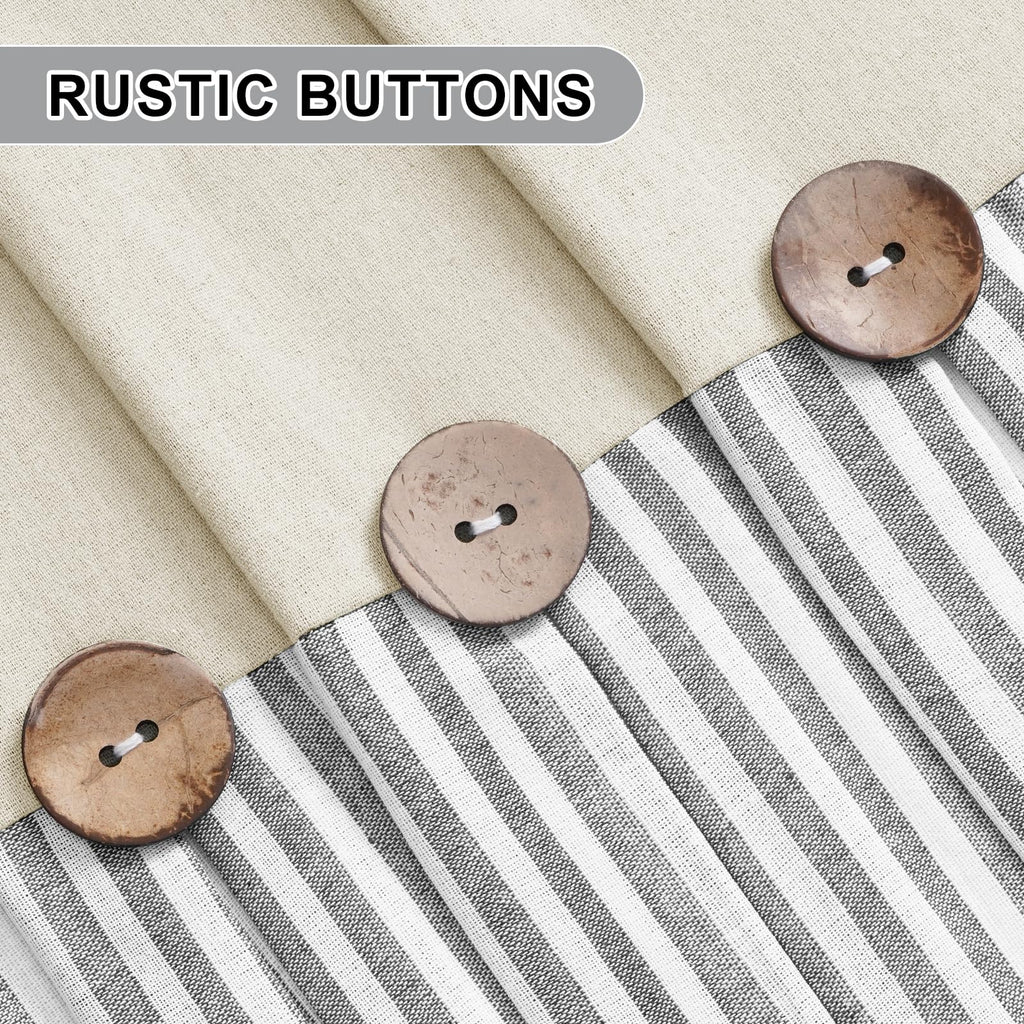 Farmhouse Curtains, Boho Rustic Bedroom Curtains with Buttons, Cotton Linen Grey Stripe Country Window Curtain