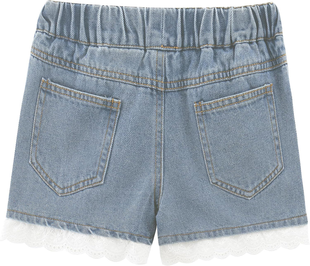 Girls Lace Trim Denim Jeans Shorts Elastic Waist Pull On Summer Shorts with Pockets