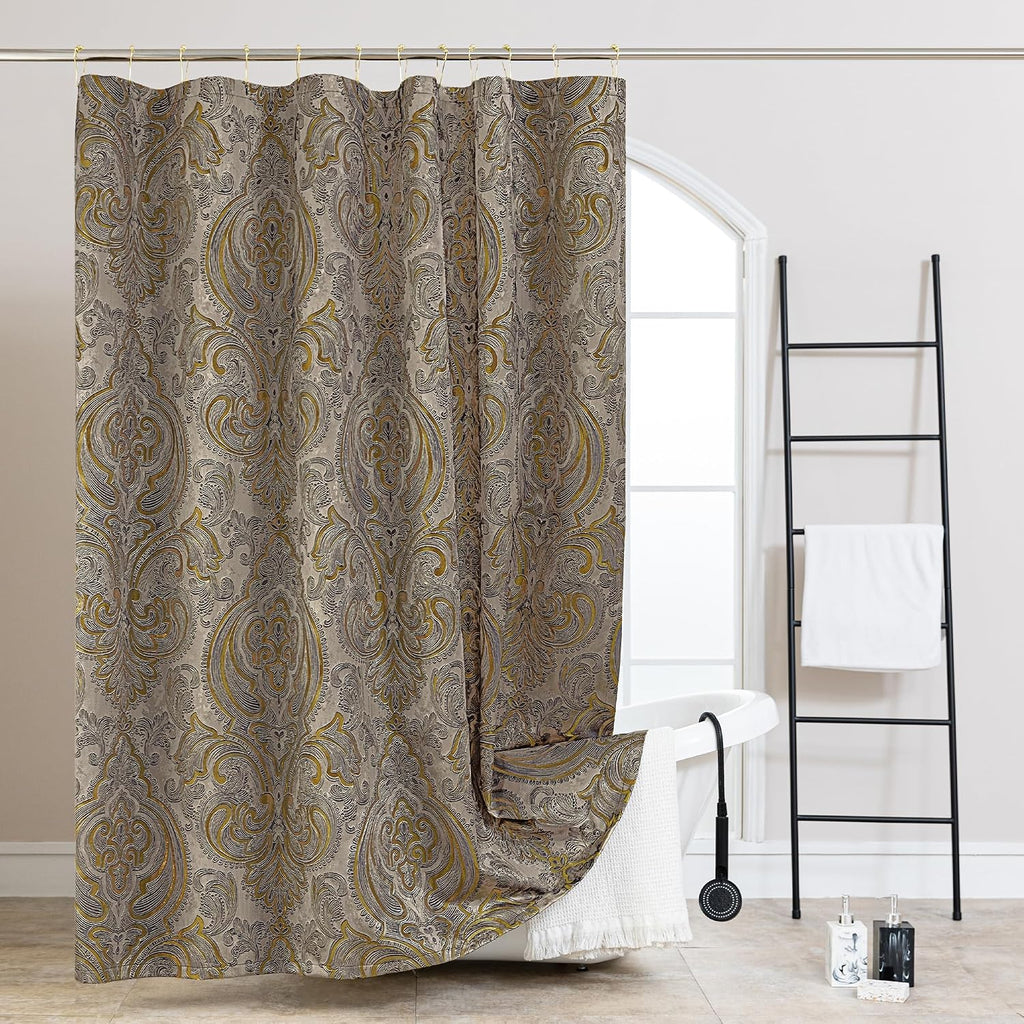 Textured Fabric Shower Curtain Set Damask Design, Taupe+Gold | Include 12 Metal Hooks, Royal Jacquard Bathroom Shower