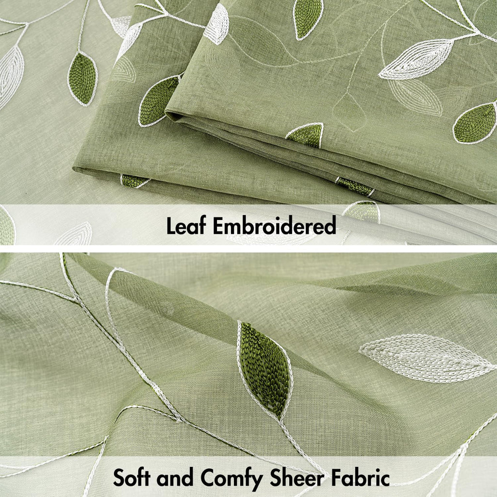 Sage Green Sheer Kitchen Curtains 30x36 Inches Length 2 Panels Embroidered Leaf Patterned Rod Pocket Floral Semi
