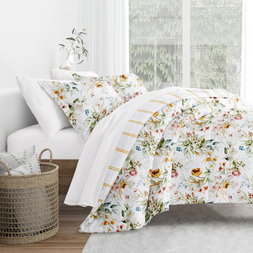 Comforter Set Patterned Microfiber All Season Down-Alternative Ultra Soft Bedding in Chintz Floral Stripe