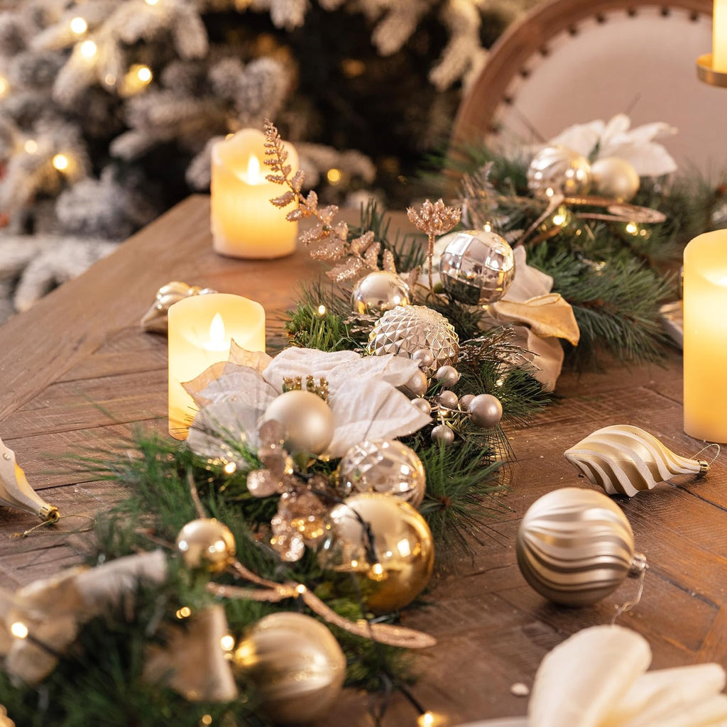 9 Feet Pre-Lit Christmas Garland with Lights for Mantle, Lighted Outdoor Xmas Garland with White Gold Balls &