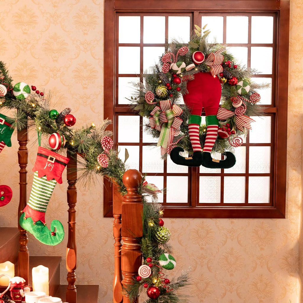 30'' Pre-Lit Christmas Wreath for Front Door with Lights, Large Lighted Outdoor Christmas Wreath with Red Green White
