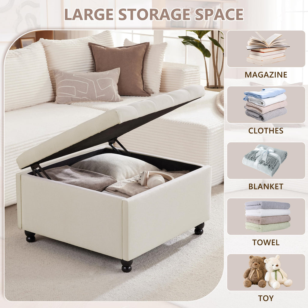 30" Large Square Ottoman with Storage, Fabric Ottoman Coffee Table, Beige