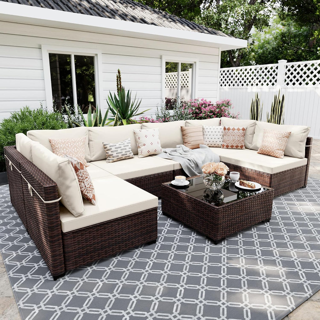 7-Piece Wicker Patio Furniture Set with Coffee Table, White | Outdoor sectional sofa set, patio conversation set for