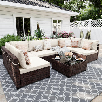 7-Piece Wicker Patio Furniture Set with Coffee Table, White | Outdoor sectional sofa set, patio conversation set for