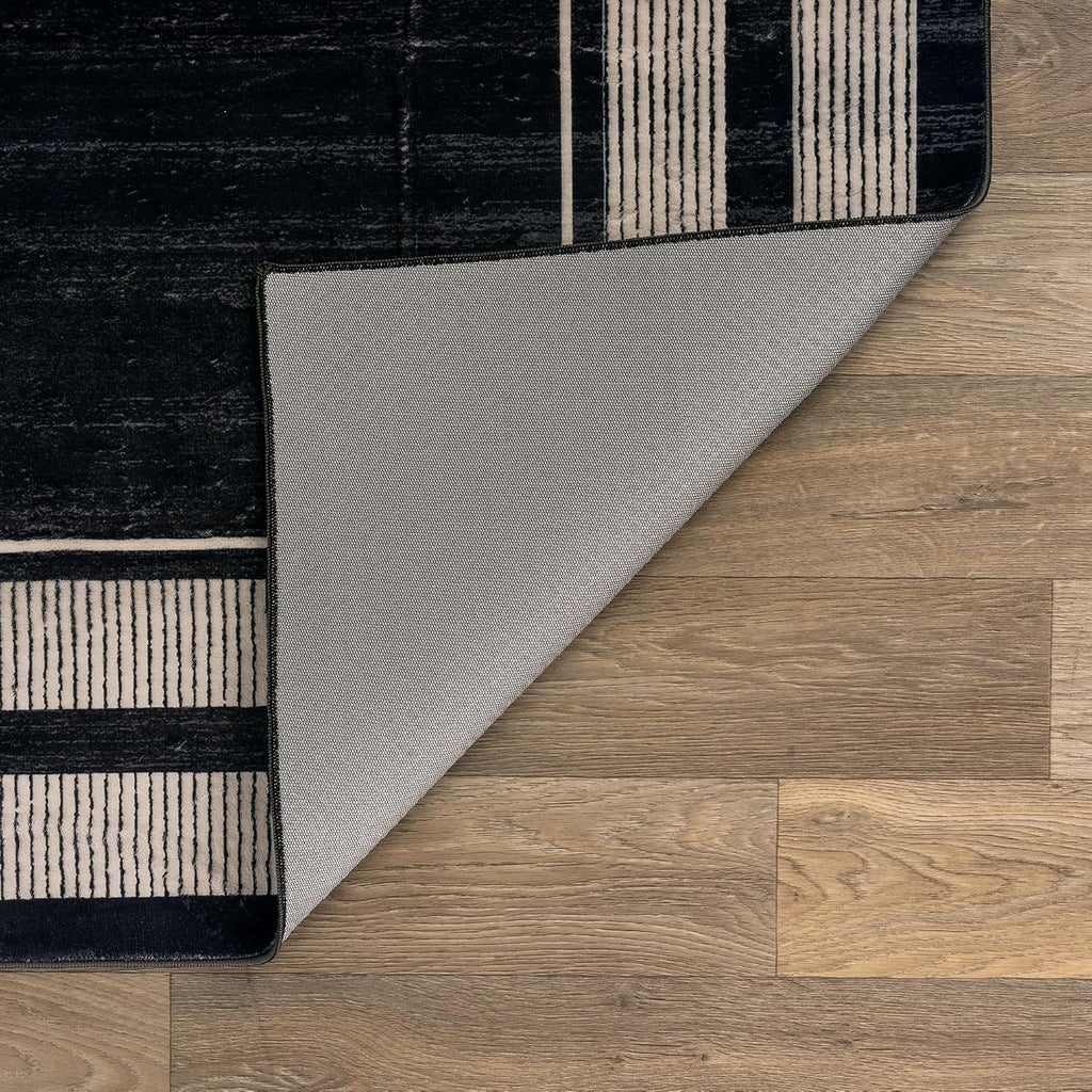Striped Border Machine Washable Non-Slip Runner Rug, Black