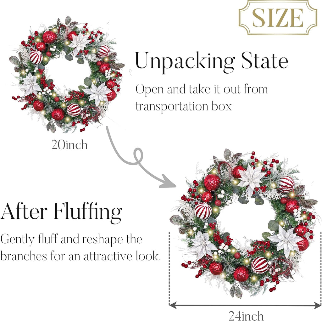 24'' Pre-Lit Christmas Wreath for Front Door with Light, Collapsible Lighted Outdoor Christmas Wreath with Red White