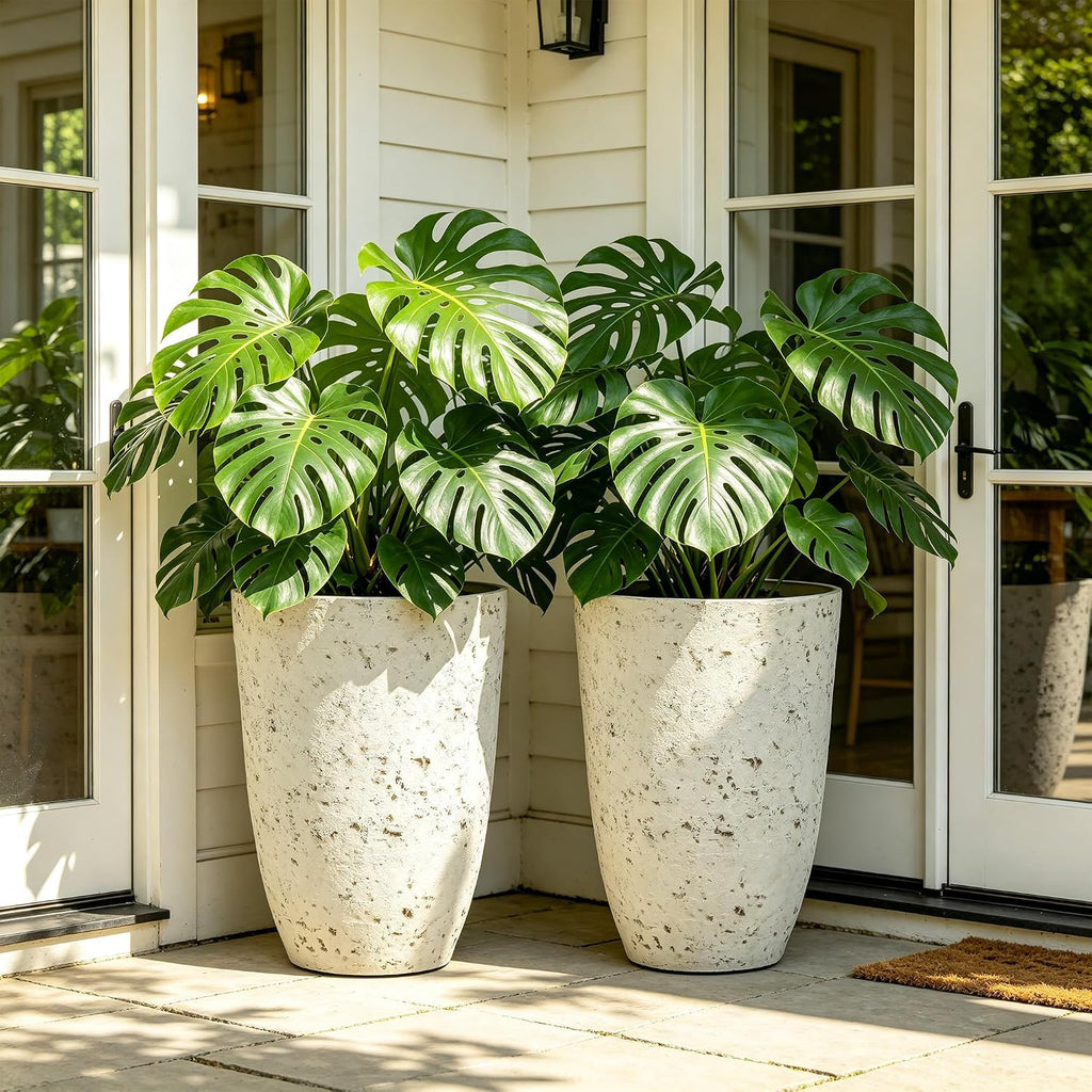 19.5" Resin Tall Planters for Outdoor Plants, Set of 2 Flower Pots | Country White Large Outdoor Planters With Birch