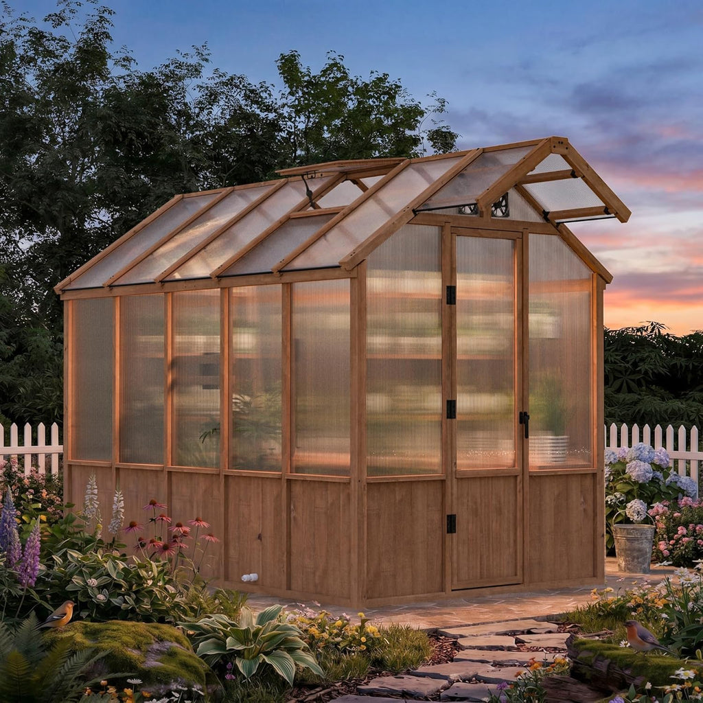 Shade EverBloom 6.5'x10' Wooden Greenhouse, 8' Extra-Tall Cedar Wood Greenhouse with Built-in Outdoor Faucet Kit