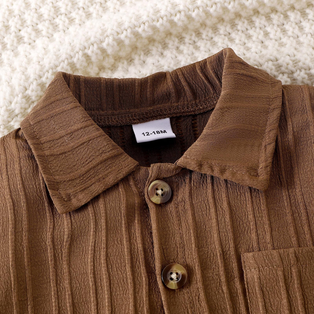 Boys Clothes Toddler Ribbed Button Shirt + Shorts 2pcs Brown