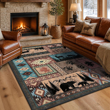 Rustic Cabin Area Rug, Washable Southwestern Country Lodge Bear Rug, Non-Slip Low Pile Wildlife Animal Carpet