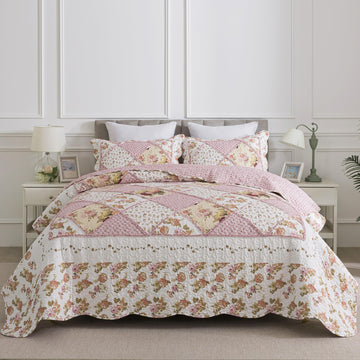 Quilt Bedding Sets - Floral Quilt Bedding Sets 3-Piece 90x96, Lightweight Bedspreads Patchwork Coverlet Rustic