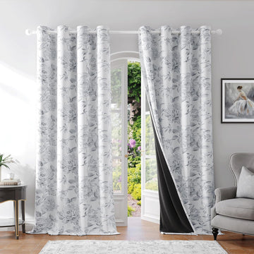 Floral 100% Blackout Curtains 84 Inches Long 2 Panels for Bedroom Living Room Grey White Farmhouse Rose Flower