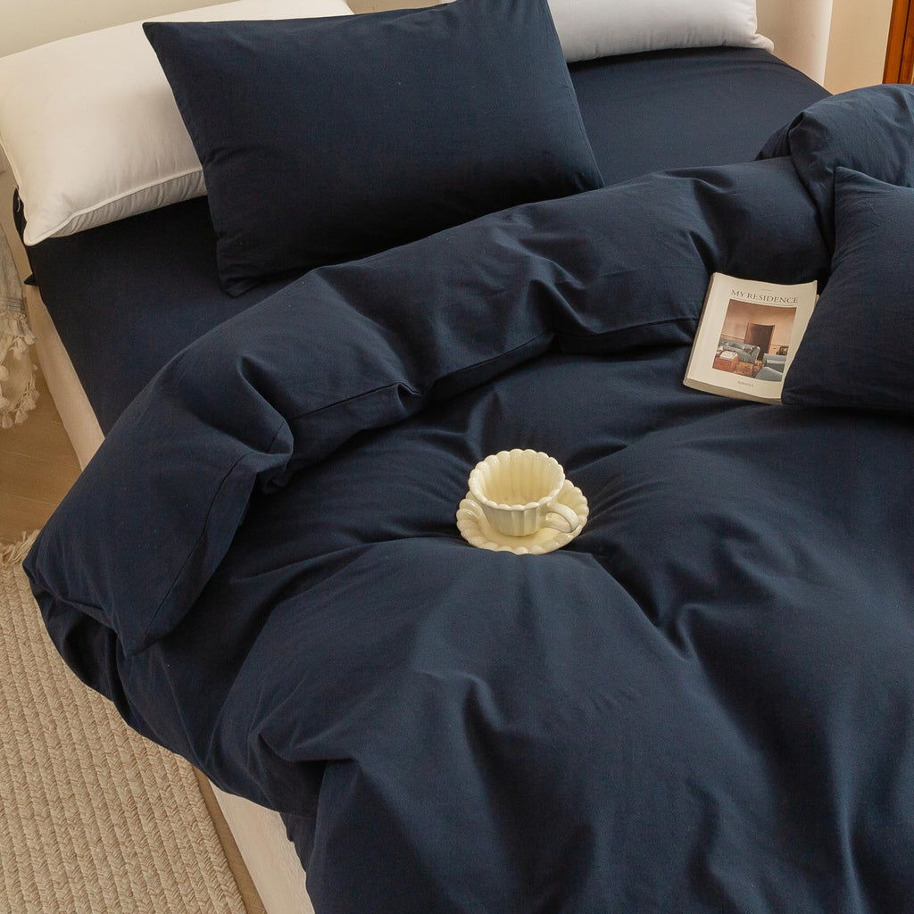 Cotton 3 Pcs Duvet Cover Set Linen Feel Navy Blue King